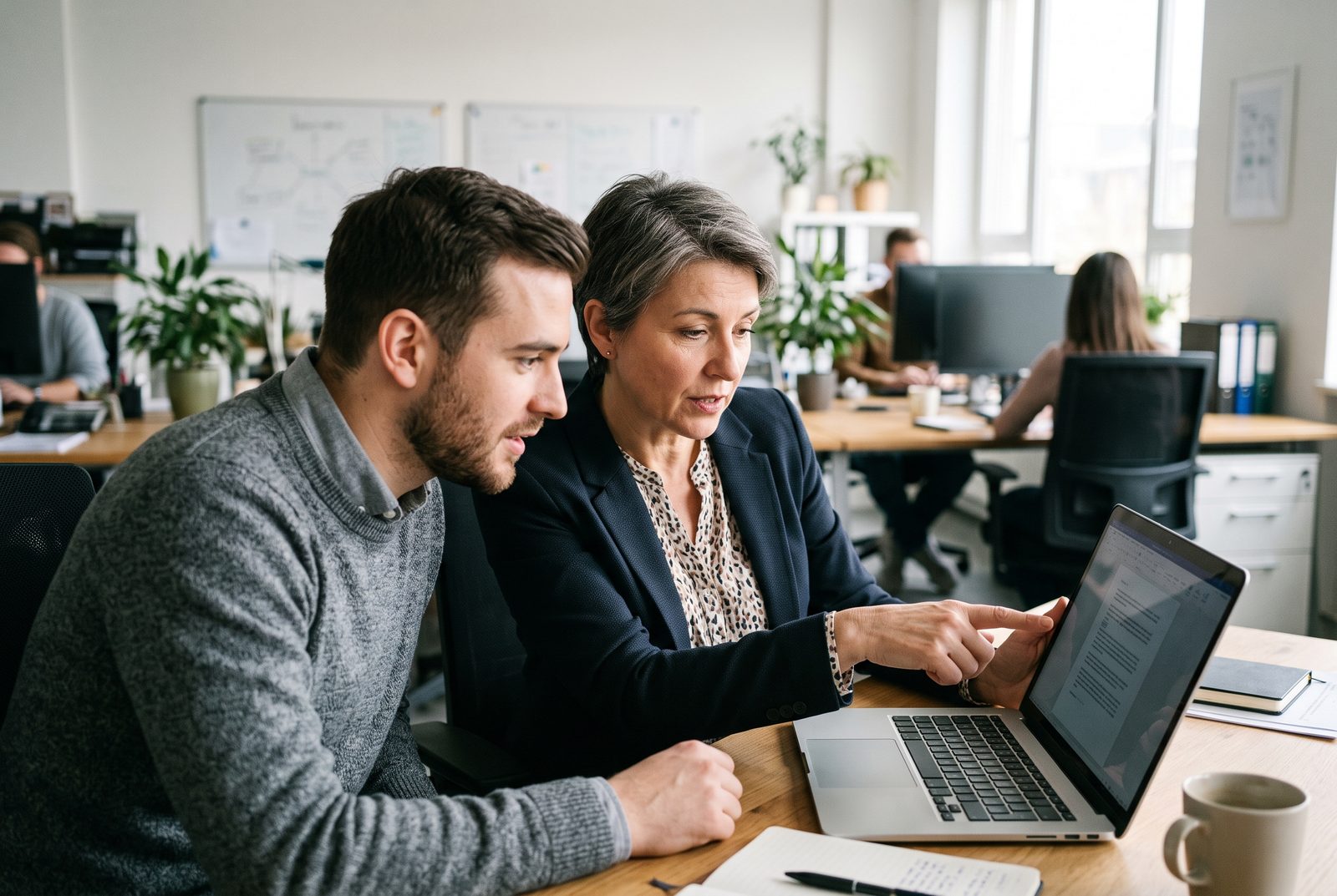 Two colleagues at one laptop, one pointing at the screen while the other listens