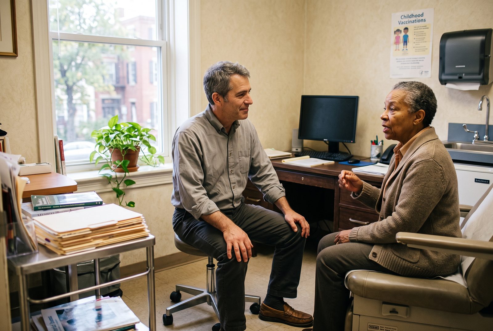 A doctor in conversation with a patient, facing them directly, no screen in between