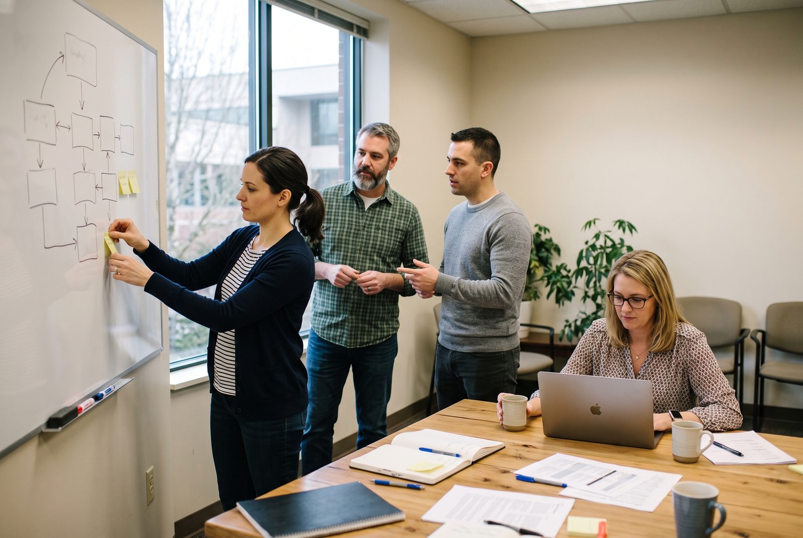A small team at a whiteboard working out a plan together
